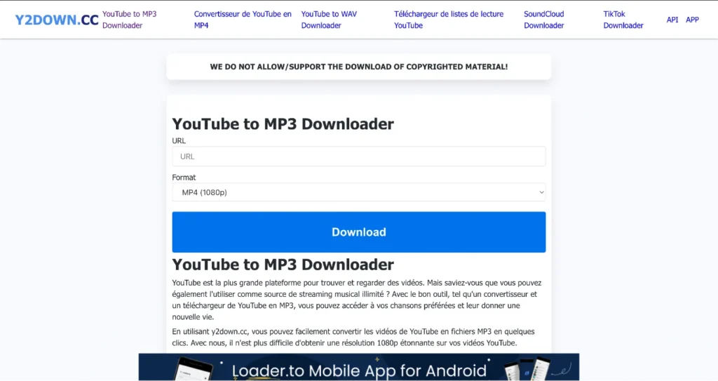 Capture d'écran du site y2down.cc
