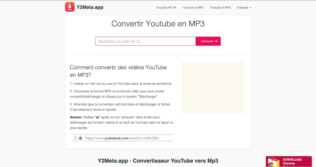 Capture d'écran du site y2meta.app